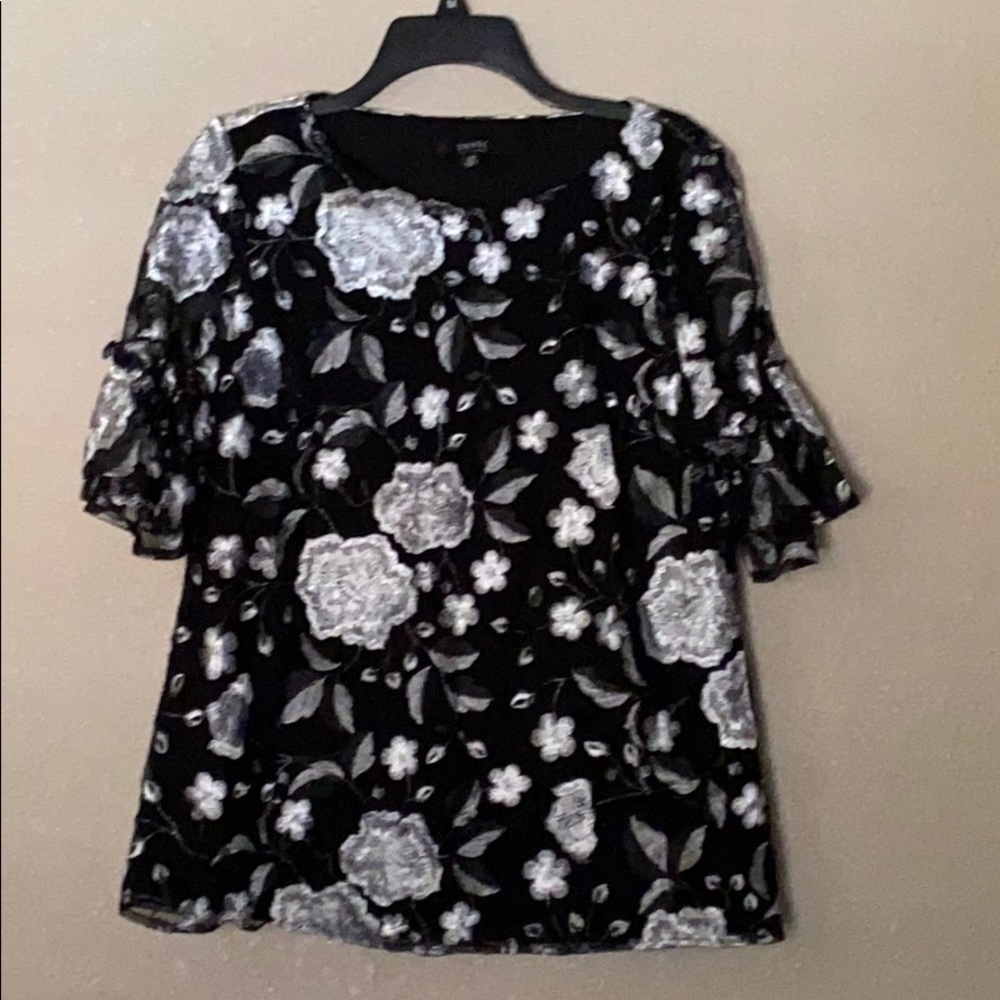Black and white floral embroidered blouse